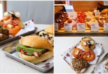 Cloudmills – NEW Viral Orchard Bakery With Shio Pan, Nama Doughnuts And Creative Japanese-Inspired Bakes Collage of bakery items: donuts, pastries, and sandwiches on trays in a pastry shop window display and plates on the counter.