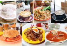 Sheung Wan HONG KONG Food Guide – 10 Places To Eat And Explore From Pork Chop Rice, Congee To Hidden Cafés A collage of various dishes including dumpling soup, a cup of latte, a shrimp noodle dish, a cup of black coffee, a hamburger, fried rice with pork slices, and a bowl of tomato-based soup.